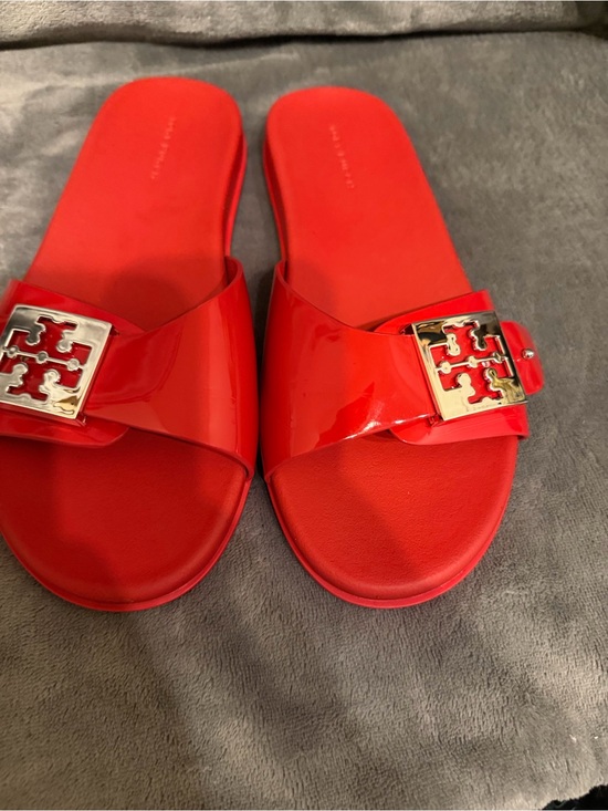 Tory Burch Shoes - Tory Burch Red Patent Slide Sandals with Gold Logo